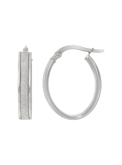 14k White Gold Glitter Center Oval Hoop Earrings