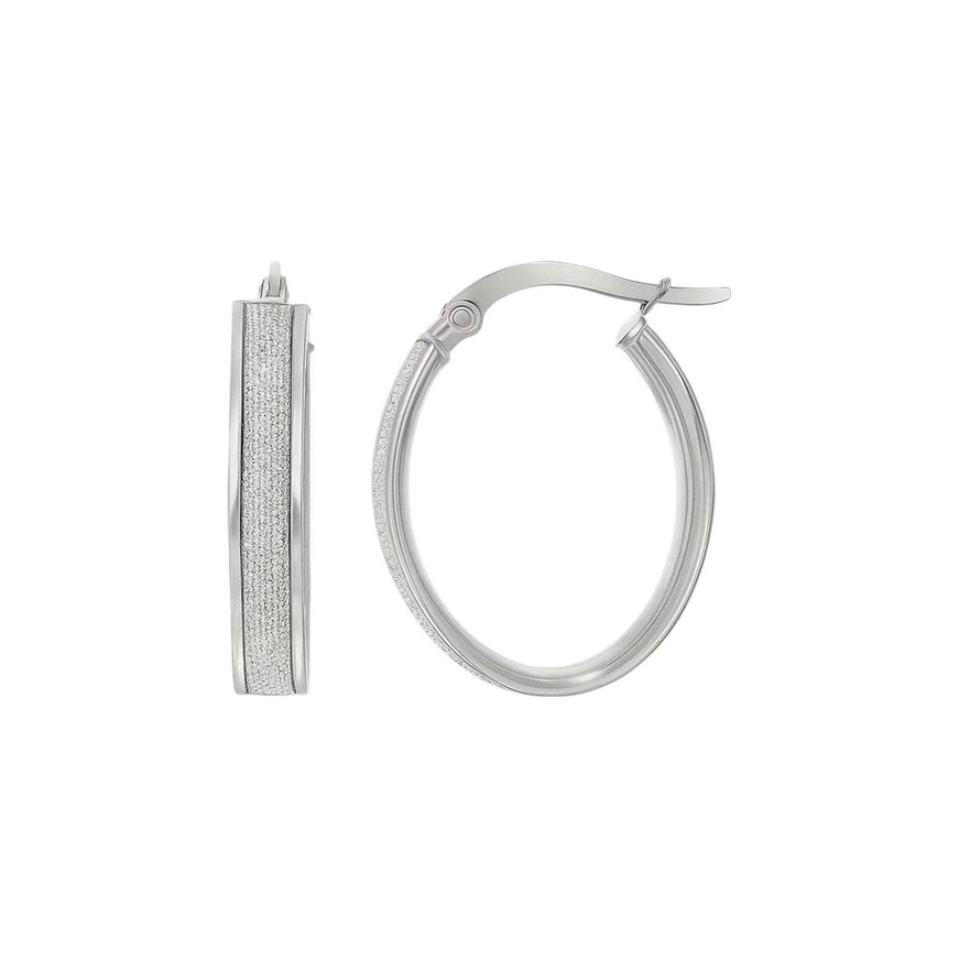 14k White Gold Glitter Center Oval Hoop Earrings