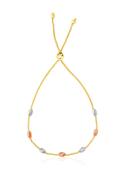 14k Tri-Color Gold Textured Oval Station Lariat Style Bracelet