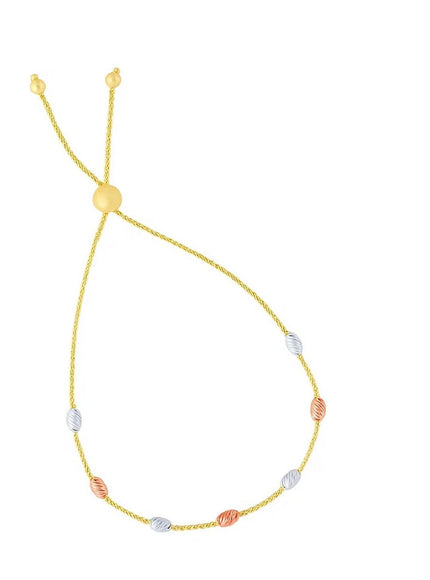 14k Tri-Color Gold Textured Oval Station Lariat Style Bracelet