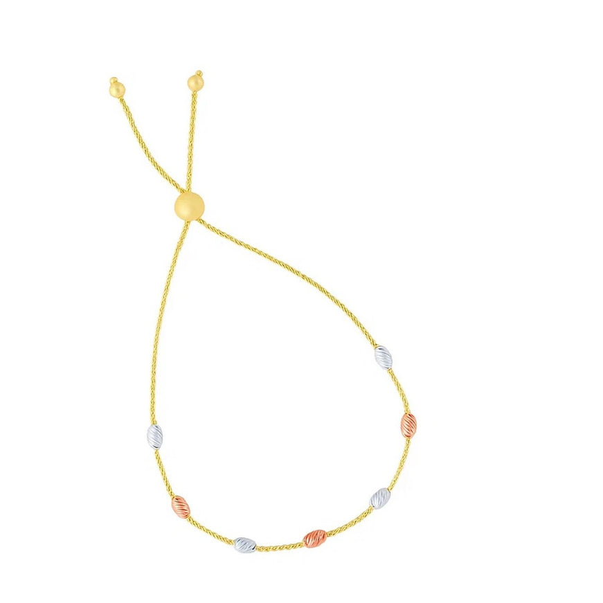 14k Tri-Color Gold Textured Oval Station Lariat Style Bracelet