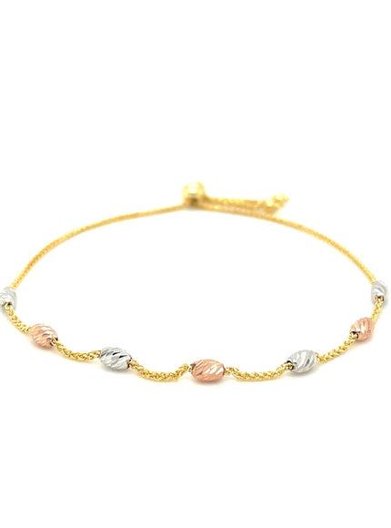 14k Tri-Color Gold Textured Oval Station Lariat Style Bracelet