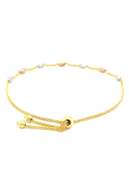 14k Tri-Color Gold Textured Oval Station Lariat Style Bracelet