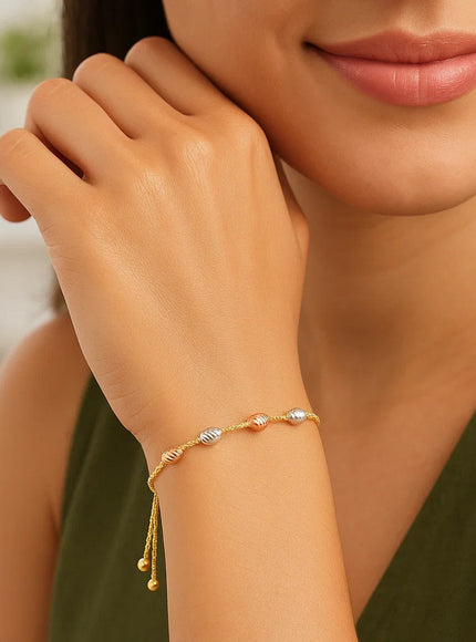 14k Tri-Color Gold Textured Oval Station Lariat Style Bracelet