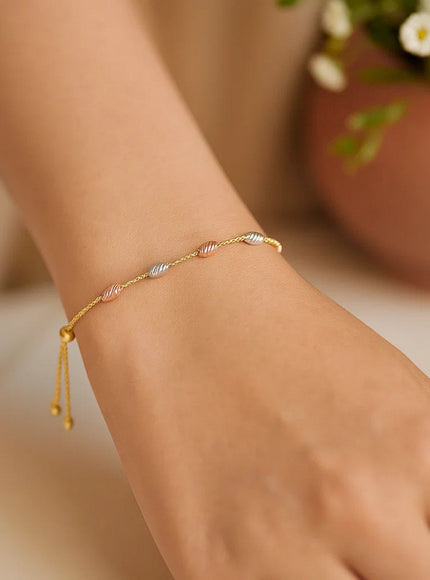 14k Tri-Color Gold Textured Oval Station Lariat Style Bracelet