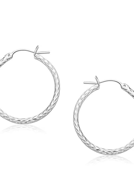 14k White Gold Diamond Cut Hoop Earrings (25mm Diameter)