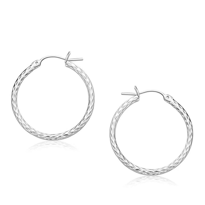 14k White Gold Diamond Cut Hoop Earrings (25mm Diameter)