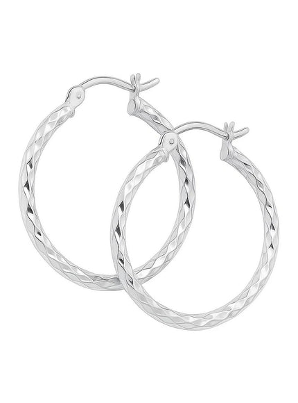 14k White Gold Diamond Cut Hoop Earrings (25mm Diameter)