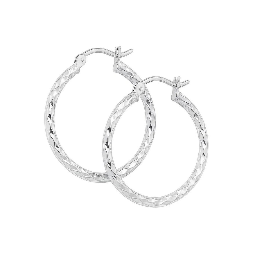 14k White Gold Diamond Cut Hoop Earrings (25mm Diameter)
