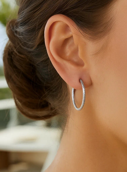 14k White Gold Diamond Cut Hoop Earrings (25mm Diameter)