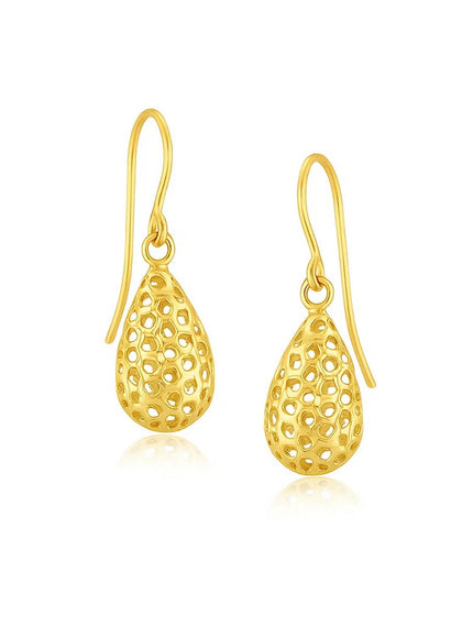 14k Yellow Gold Teardrop Drop Earrings with Honeycomb Texture