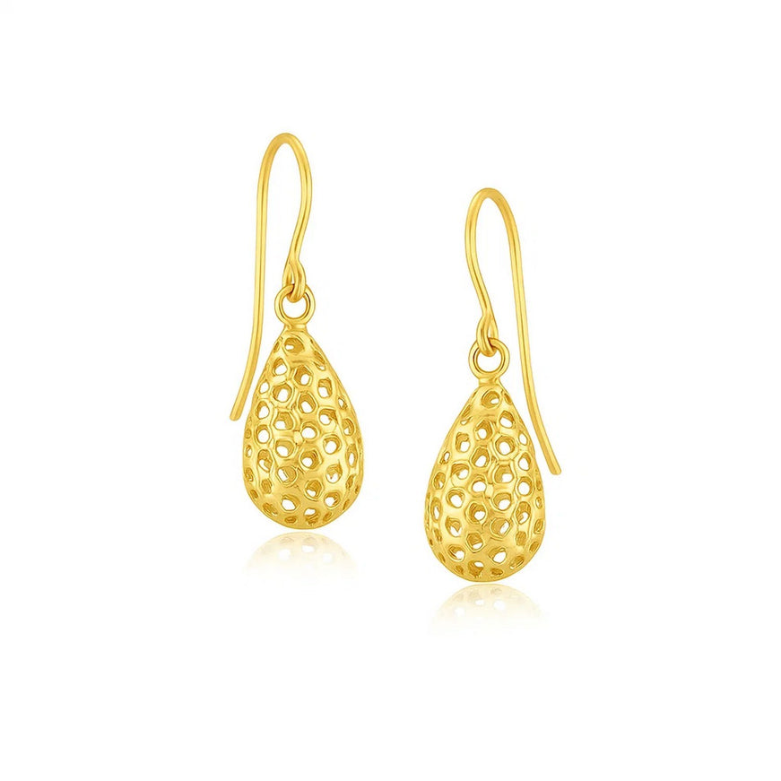 14k Yellow Gold Teardrop Drop Earrings with Honeycomb Texture