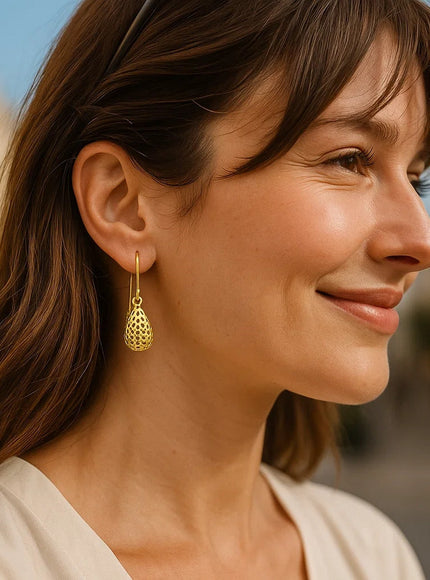 14k Yellow Gold Teardrop Drop Earrings with Honeycomb Texture