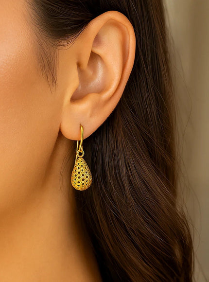 14k Yellow Gold Teardrop Drop Earrings with Honeycomb Texture