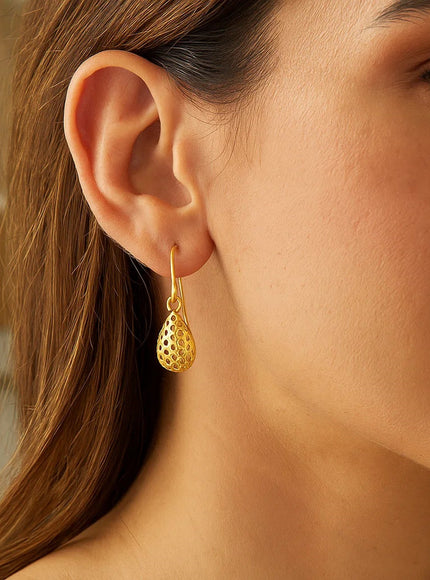 14k Yellow Gold Teardrop Drop Earrings with Honeycomb Texture