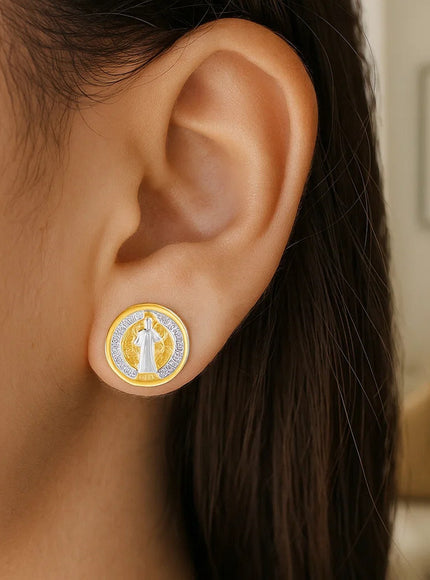 14k Two Tone Gold Round Religious Medal Post Earrings