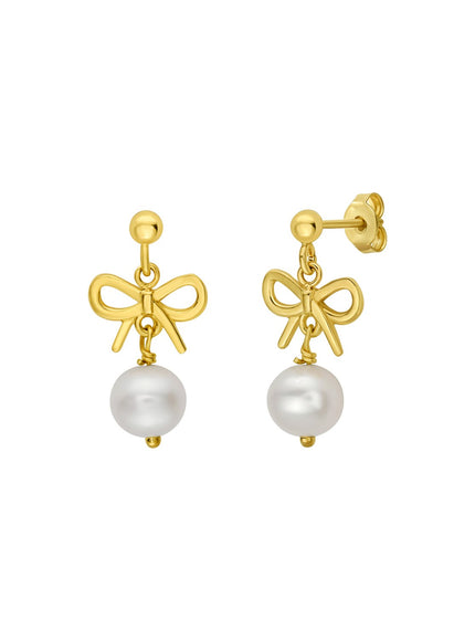 14K Yellow Gold Bow and Freshwater Pearl Drop Earrings