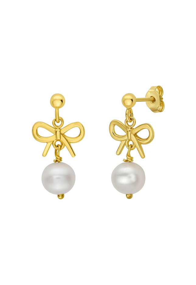 14K Yellow Gold Bow and Freshwater Pearl Drop Earrings