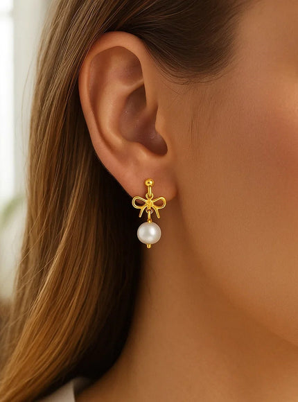 14K Yellow Gold Bow and Freshwater Pearl Drop Earrings