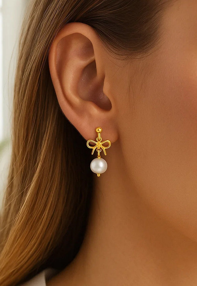 14K Yellow Gold Bow and Freshwater Pearl Drop Earrings