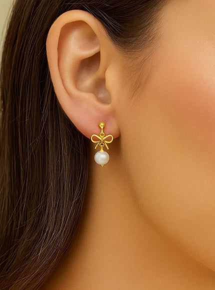 14K Yellow Gold Bow and Freshwater Pearl Drop Earrings