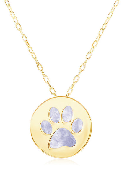 14k Yellow Gold Necklace with Dog Paw Print Symbol in Mother of Pearl