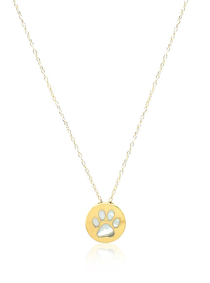 14k Yellow Gold Necklace with Dog Paw Print Symbol in Mother of Pearl