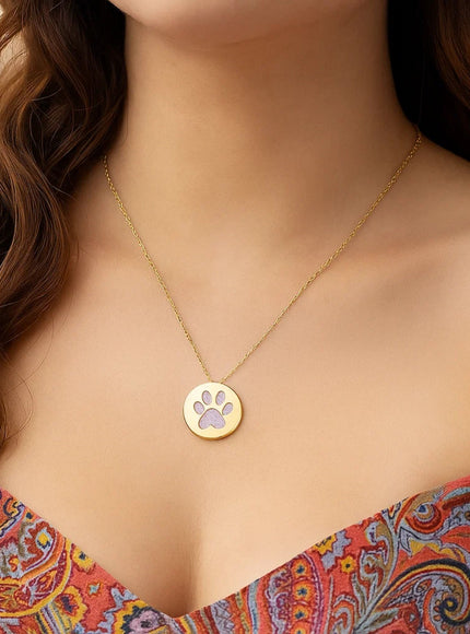 14k Yellow Gold Necklace with Dog Paw Print Symbol in Mother of Pearl