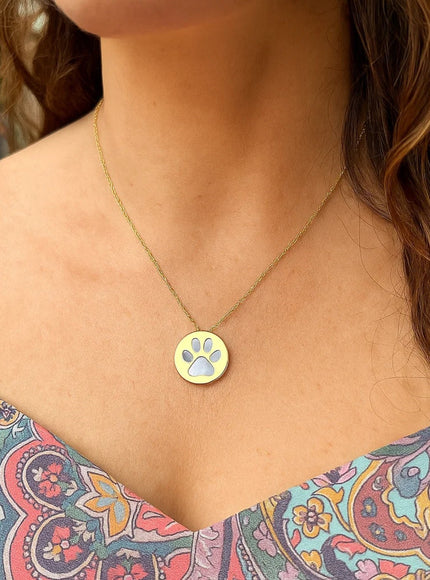 14k Yellow Gold Necklace with Dog Paw Print Symbol in Mother of Pearl