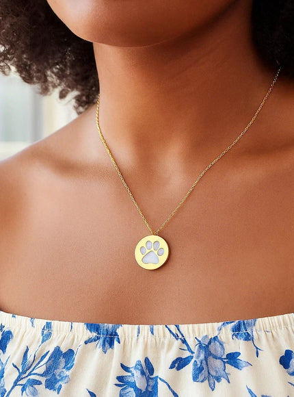 14k Yellow Gold Necklace with Dog Paw Print Symbol in Mother of Pearl