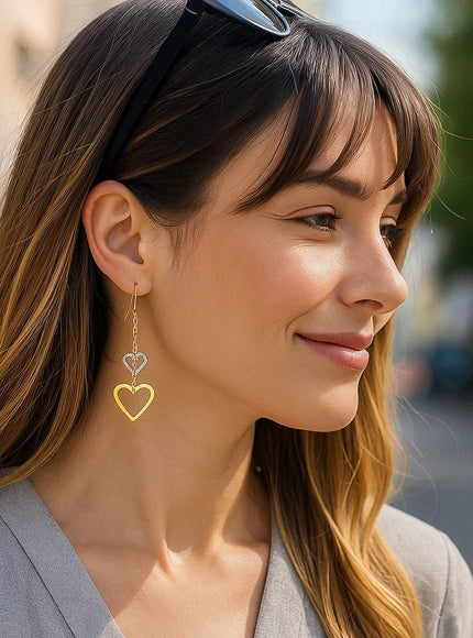 10k Two-Tone Gold Cutout Heart Chain Dangling Earrings