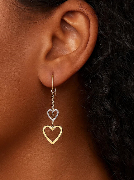 10k Two-Tone Gold Cutout Heart Chain Dangling Earrings
