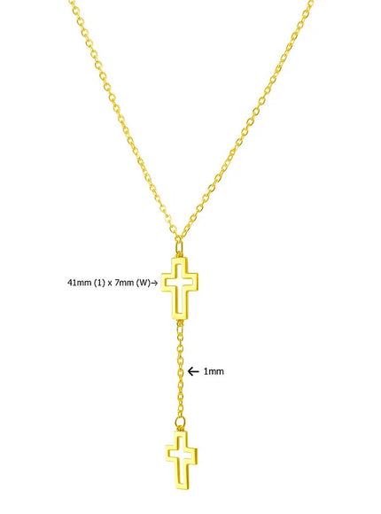 Double Cross Drop Necklace in 14K Yellow Gold