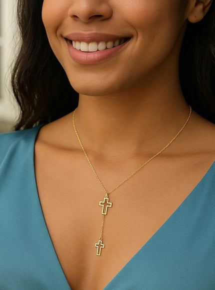 Double Cross Drop Necklace in 14K Yellow Gold