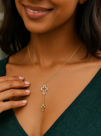 Double Cross Drop Necklace in 14K Yellow Gold