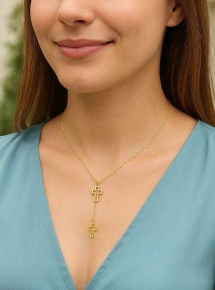 Double Cross Drop Necklace in 14K Yellow Gold