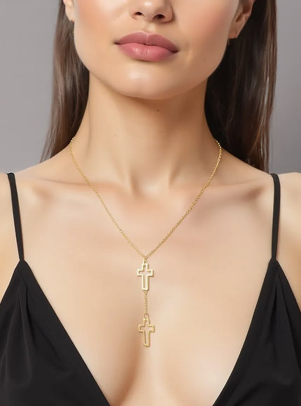 Double Cross Drop Necklace in 14K Yellow Gold