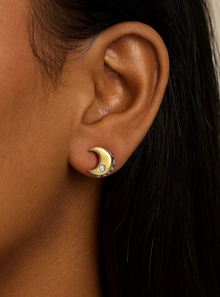 14k Yellow Gold Polished Moon Earrings with Diamonds