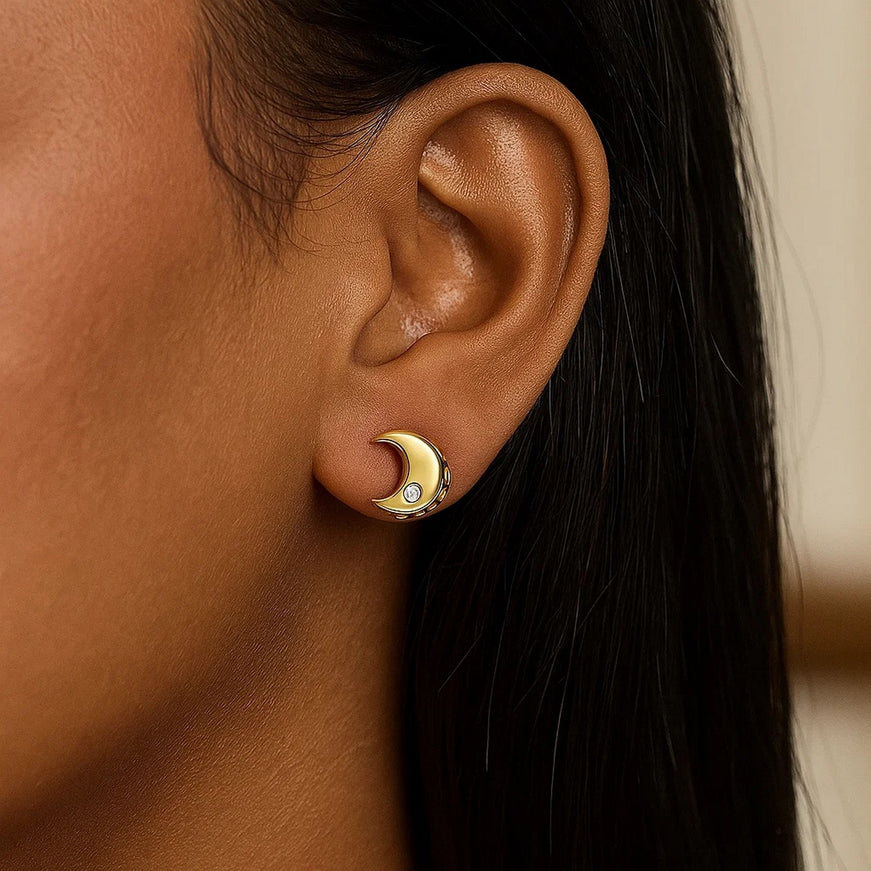 14k Yellow Gold Polished Moon Earrings with Diamonds