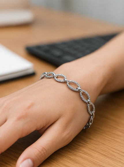Textured Oval Link Bracelet in 14k White Gold