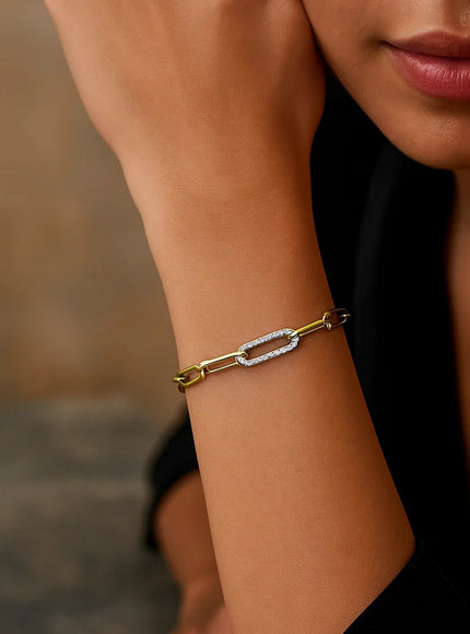 14k Yellow Gold Paperclip Chain Bracelet with Diamond Link