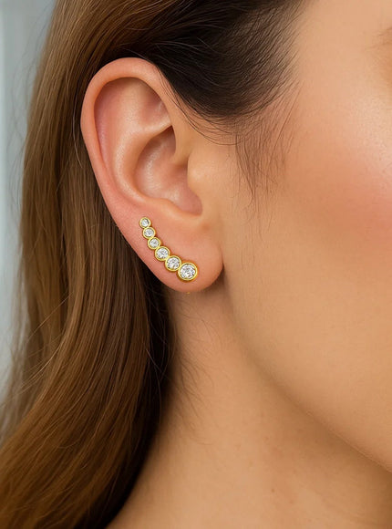 14k Yellow Gold Graduated Circles Climber Post Earrings with Cubic Zirconias