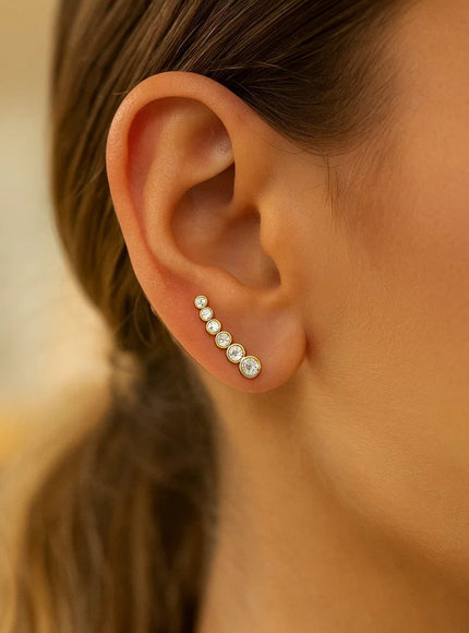 14k Yellow Gold Graduated Circles Climber Post Earrings with Cubic Zirconias