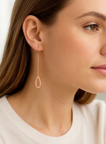 Textured Pear Shaped Long Drop Earrings in 14k Rose Gold