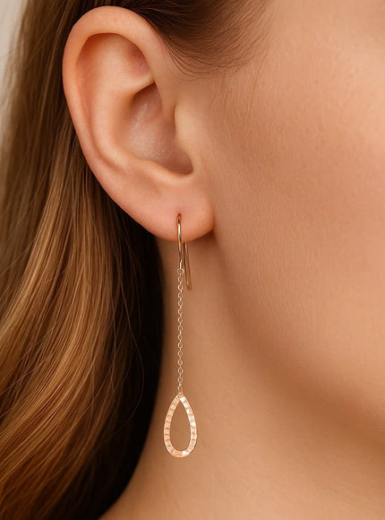 Textured Pear Shaped Long Drop Earrings in 14k Rose Gold