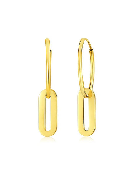 14k Yellow Gold Huggie Style Hoop Earrings with Paperclip Link Drops