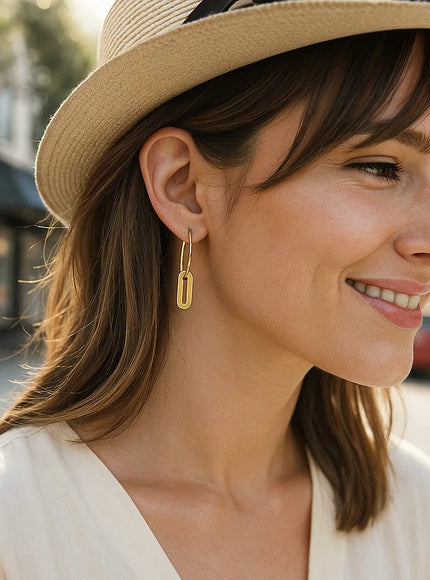 14k Yellow Gold Huggie Style Hoop Earrings with Paperclip Link Drops