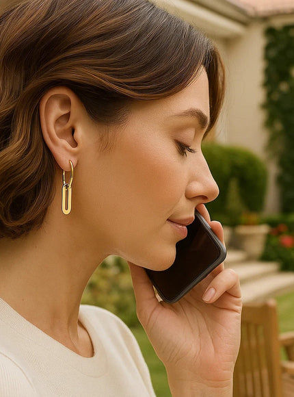 14k Yellow Gold Huggie Style Hoop Earrings with Paperclip Link Drops