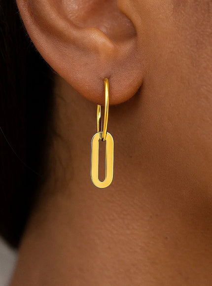 14k Yellow Gold Huggie Style Hoop Earrings with Paperclip Link Drops