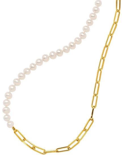5mm Pearl and Lite Paperclip Necklace in 14K Yellow Gold